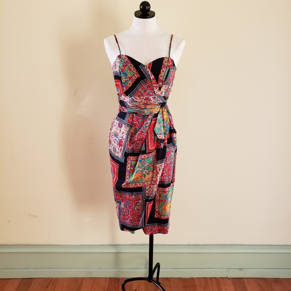Vintage Floral Patchwork Midi Dress in Black, Red, Yellow, Green - Picture 6 of 8